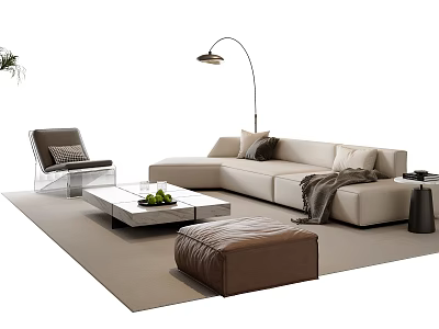 Modern Beige L Shaped Sofa and Coffee Table Set with Brown Ottoman and Floor Lamp 3d model