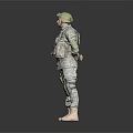 Game Movie Military Character in Tactical Uniform With Full Gear Standing Neutral Gray Background