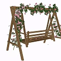 Wooden Swing Chair in Outdoor Garden with Pink Roses and Green Vines