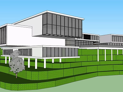Modern Architectural Design With Large Glass Windows White Structure Green Lawn Trees And Fence 3d model