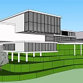 Modern Architectural Design With Large Glass Windows White Structure Green Lawn Trees And Fence