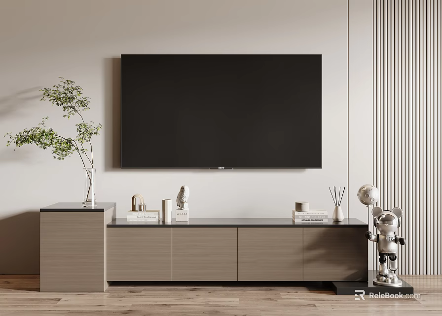 Modern TV Stand Design With Wall Mounted TV Potted Plant And Decorative Items 3d model 