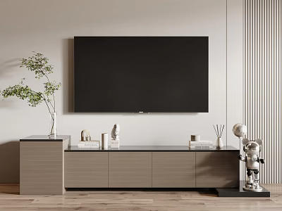 Modern TV Stand Design With Wall Mounted TV Potted Plant And Decorative Items 3d model