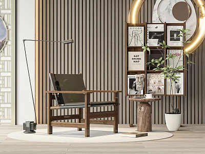 Leisure Chair with Wooden Frame Striped Wall Floor Lamp Bookshelf Round Rug and Green Plant 3d model