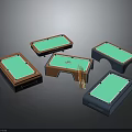 Various Colored Billiard Tables With Green Felt Surfaces Wooden Frames And Cues