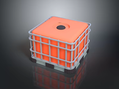 Orange Cube Shaped Container With Gray Metal Frame Top Circular Hole And Wheels 3d model