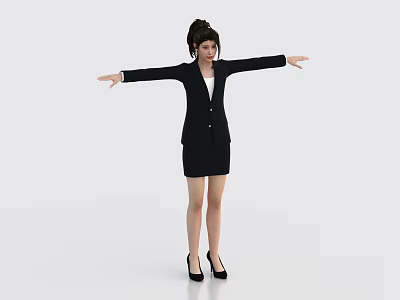 Woman in black blazer and skirt with updo hairstyle standing arms outstretched against white background 3d model