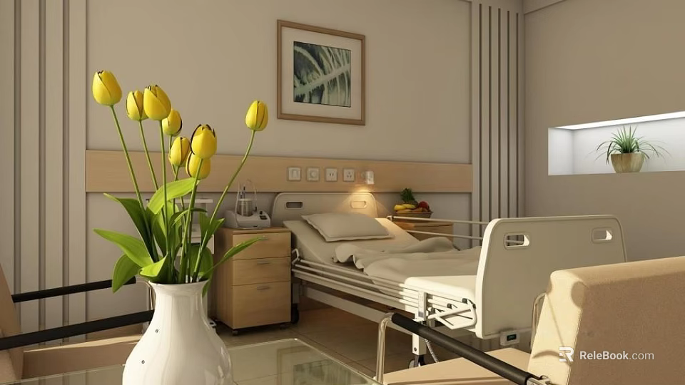 Comfortable Hospital Room Interior With Bedside Table Yellow Tulips And Wall Painting 3d model 