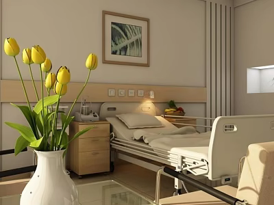 Comfortable Hospital Room Interior With Bedside Table Yellow Tulips And Wall Painting 3d model