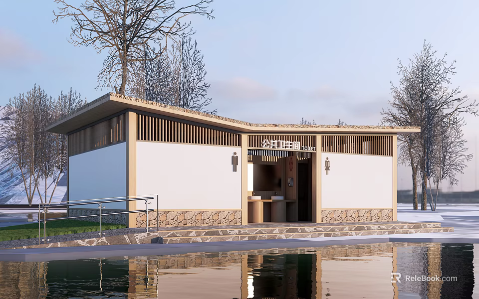 Modern Public Restroom Building With Wooden Accents Stone Base And Trees By Water 3d model 