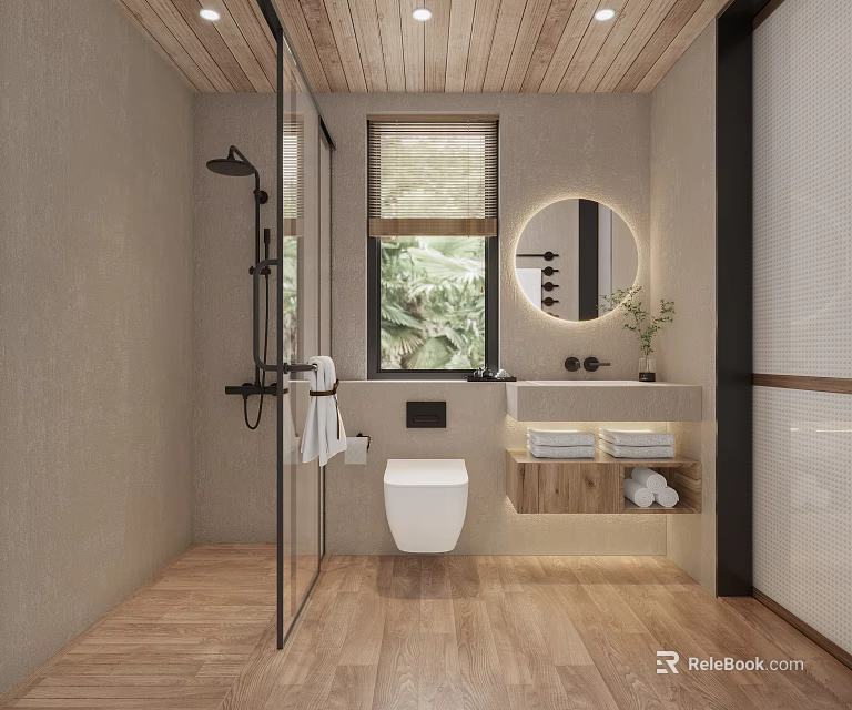 Modern Bathroom Interior With Wooden Elements And Green View 3d model 