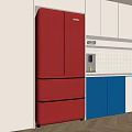 Red Refrigerator Freezer in Modern Kitchen with Blue and White Cabinets 3d model