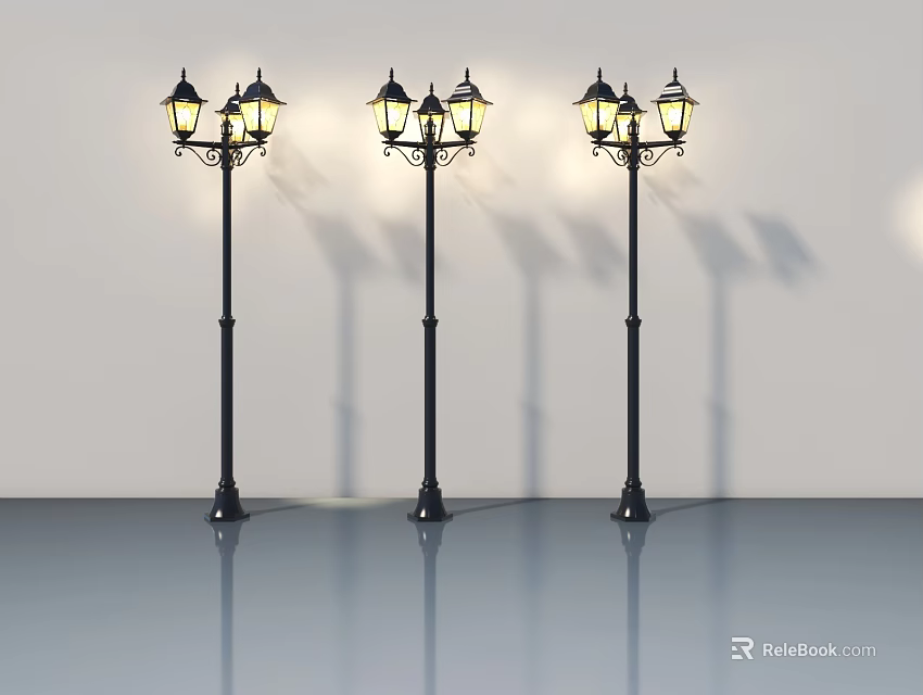 Vintage Black Street Lamps With Retro Design Multiple Lanterns On Smooth Floor 3d model 