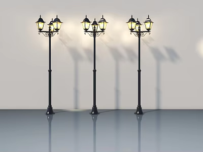 Vintage Black Street Lamps With Retro Design Multiple Lanterns On Smooth Floor 3d model
