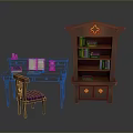 Home Interior Wooden Desk Chair Purple Cushion And Decorative Bookshelf With Books