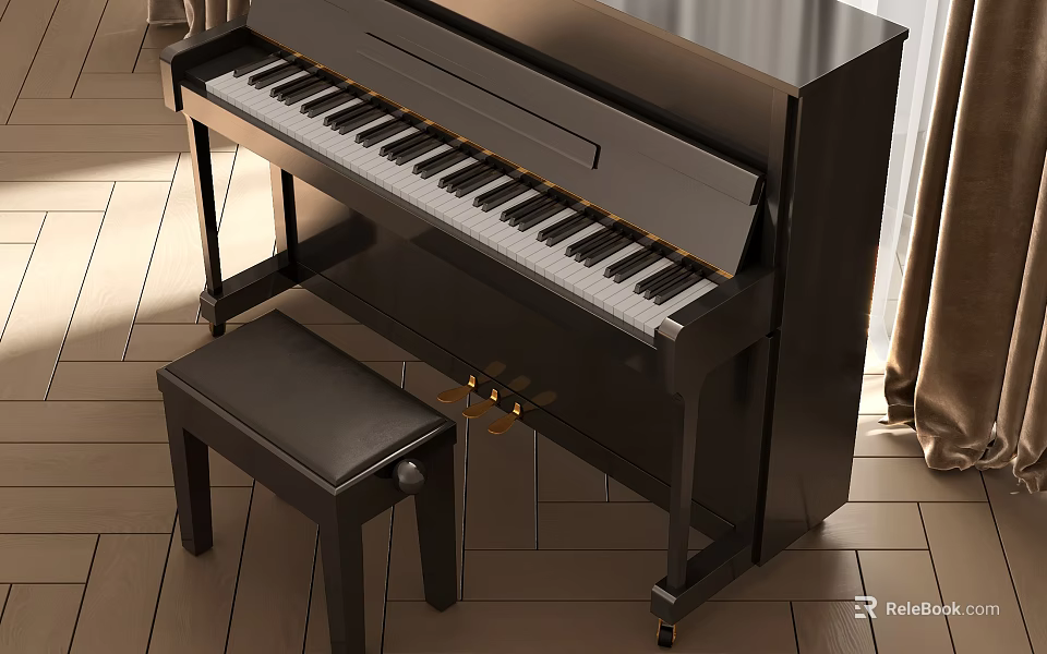 Black Upright Piano With Matching Bench In Well Lit Interior 3d model 