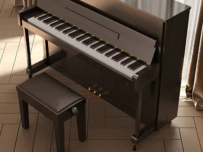 Black Upright Piano With Matching Bench In Well Lit Interior 3d model