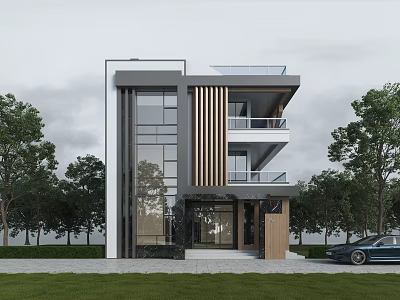 Modern Style Detached Villa With Large Glass Windows Wooden Accents Lawn Trees And Car 3d model