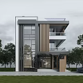 Modern Style Detached Villa With Large Glass Windows Wooden Accents Lawn Trees And Car