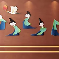 Traditional Wall Decor With Female Silhouettes White Crane And Red Circular Element On Brown Wall