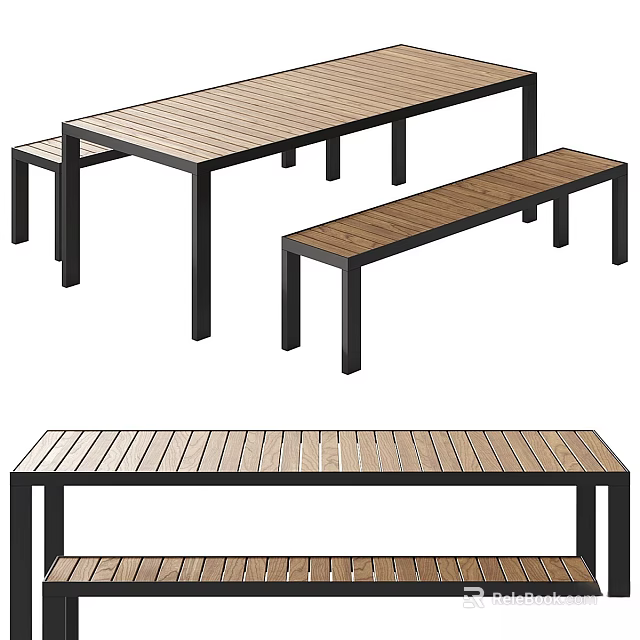 Modern Wooden Table And Bench Set With Wooden Tabletop And Black Metal Legs 3d model 