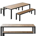 Modern Wooden Table And Bench Set With Wooden Tabletop And Black Metal Legs