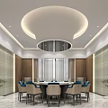 Modern Private Dining Room Interior With Round Table Wooden Walls And Circular Ceiling 3d model
