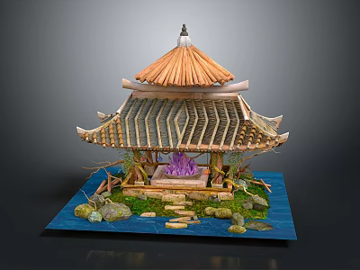 Traditional Pavilion Model Featuring Thatched Roof Wooden Structure Stones Water Purple Center And Mossy Ground 3d model