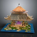 Traditional Pavilion Model Featuring Thatched Roof Wooden Structure Stones Water Purple Center And Mossy Ground