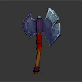 Fantasy Axe Weapon with Blue Blades Red Handle and Wooden Shaft