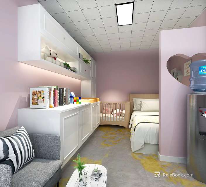 Nursery Room Interior With Pink Walls Baby Bed Sofa Bookshelf And Yellow Carpet 3d model 