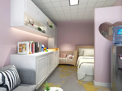Nursery Room Interior With Pink Walls Baby Bed Sofa Bookshelf And Yellow Carpet 3d model