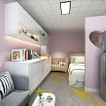 Nursery Room Interior With Pink Walls Baby Bed Sofa Bookshelf And Yellow Carpet