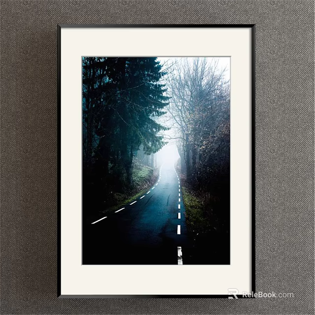 Misty Forest Road Landscape Painting with Winding Path Evergreen and Deciduous Trees White Center Lines 3d model 