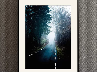 Misty Forest Road Landscape Painting with Winding Path Evergreen and Deciduous Trees White Center Lines 3d model