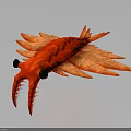 Vibrant Red Fantasy Shrimp with Black Eyes and Feathered Appendages 3D Render