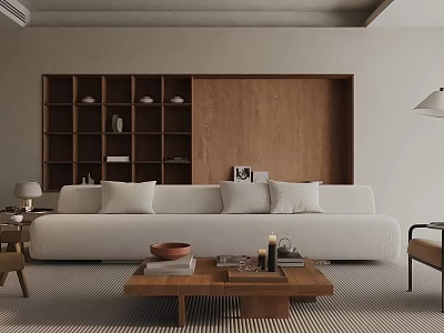 Modern Living Room Interior With Beige Sofa Wooden Accent Wall Bookshelf And Coffee Table 3d model