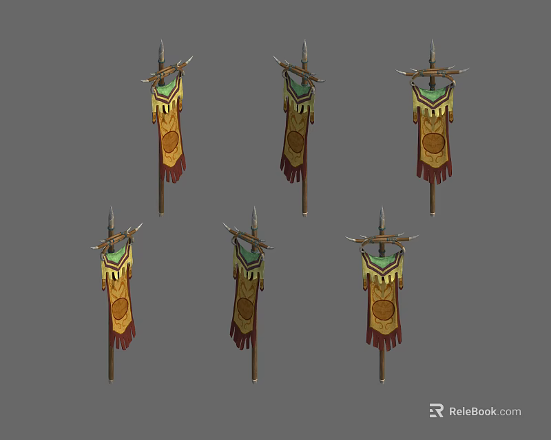 Six National Flags Featuring Gold Red Decorations And Spiked Tops On Poles 3d model 