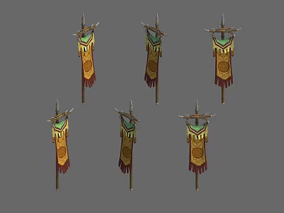 Six National Flags Featuring Gold Red Decorations And Spiked Tops On Poles 3d model