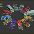 Colorful Toy Cars of Various Colors Arranged in a Circle on Dark Background