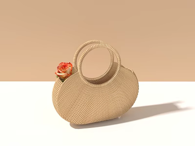 Stylish Woven Handbag With Round Handle And Rose Decoration For Daily Use 3d model