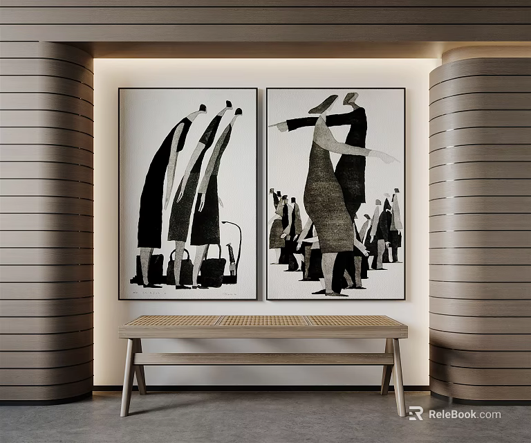 Black and White Figure Decorative Paintings on Wooden Textured Walls With Bench Below 3d model 