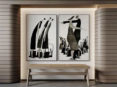Black and White Figure Decorative Paintings on Wooden Textured Walls With Bench Below 3d model