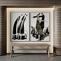 Black and White Figure Decorative Paintings on Wooden Textured Walls With Bench Below