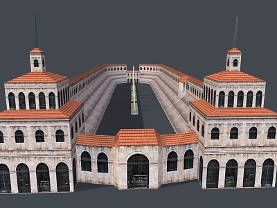Grand European style Architecture With Red Tile Roofs Arched Windows Bell Towers And Stone Walls 3d model