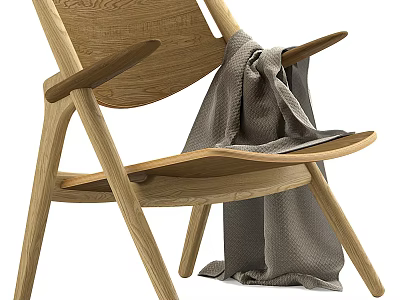 Natural Wooden Leisure Chair With Gray Blanket And Minimalist Armrest Design 3d model