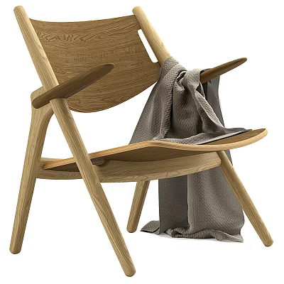 Natural Wooden Leisure Chair With Gray Blanket And Minimalist Armrest Design 3d model