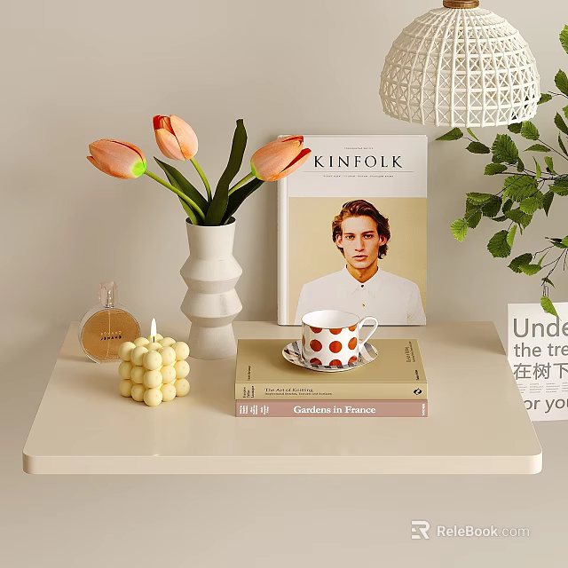 Decorative Ornament Set with Vase Tulips Books Teacup Candle and Green Plant Leaves 3d model 