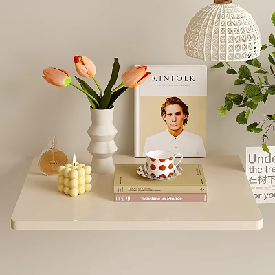 Decorative Ornament Set with Vase Tulips Books Teacup Candle and Green Plant Leaves 3d model