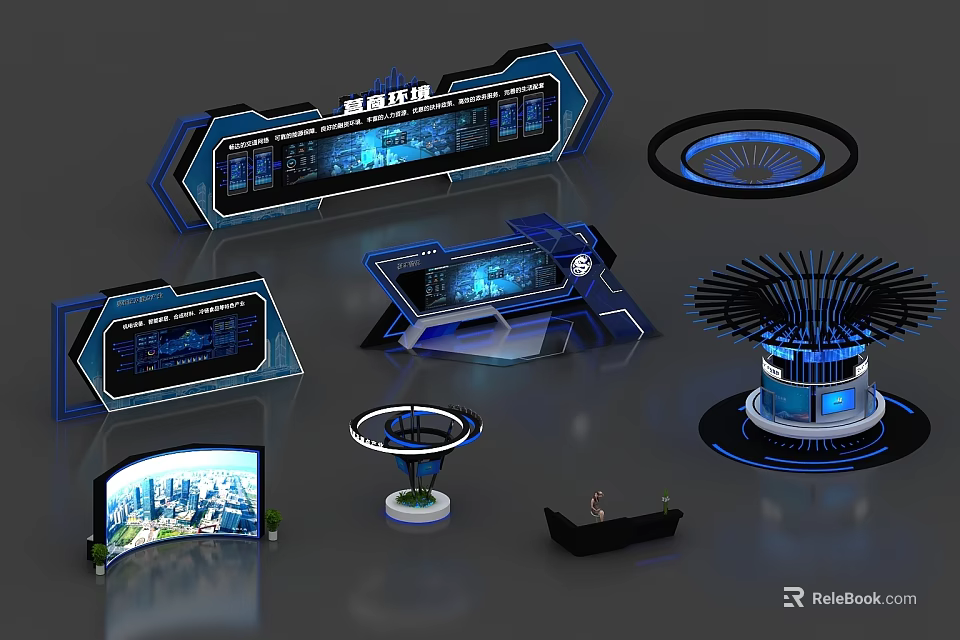 Modern Display Shelves With Digital Screens Blue Lighting And Circular Design 3d model 